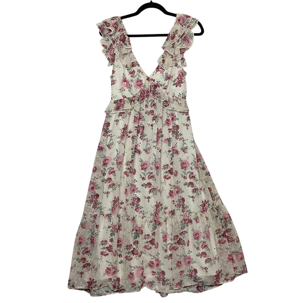 Trixxi Women's Ivory Pink Floral Ruffled Cottage Core Midi Dress Size Large